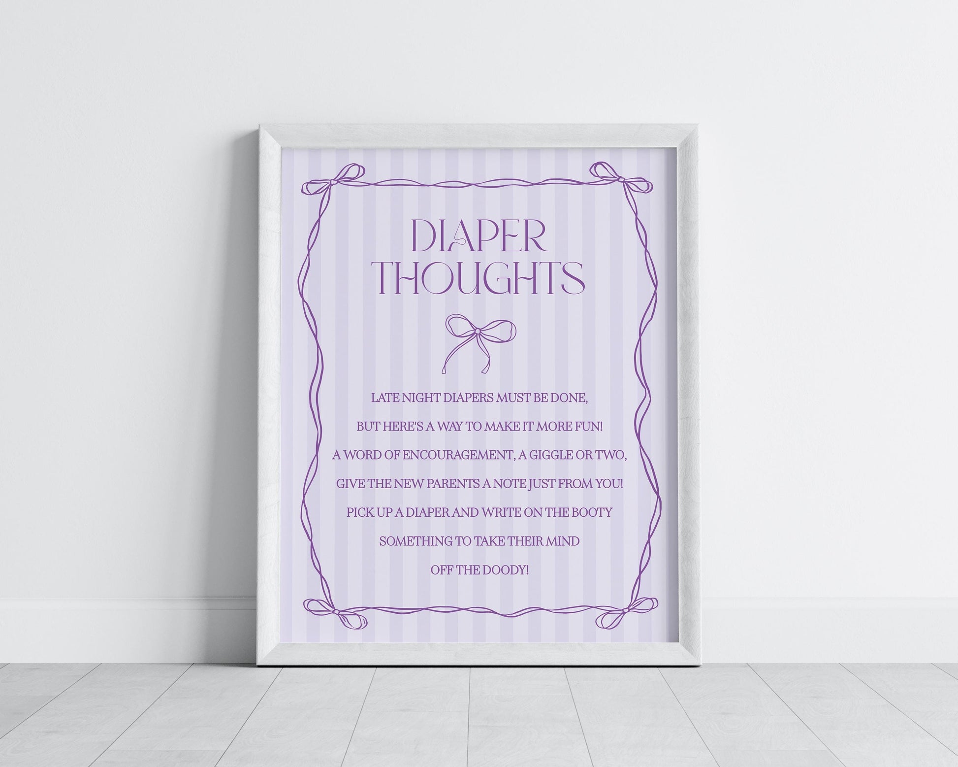 Purple Coquette Bow Baby Shower Diaper Thoughts Sign Template, Editable Lavender Baby Sprinkle, Printable Hand-Drawn Bow Download WP1063