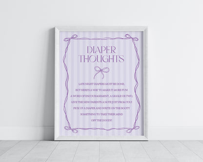 Purple Coquette Bow Baby Shower Diaper Thoughts Sign Template, Editable Lavender Baby Sprinkle, Printable Hand-Drawn Bow Download WP1063