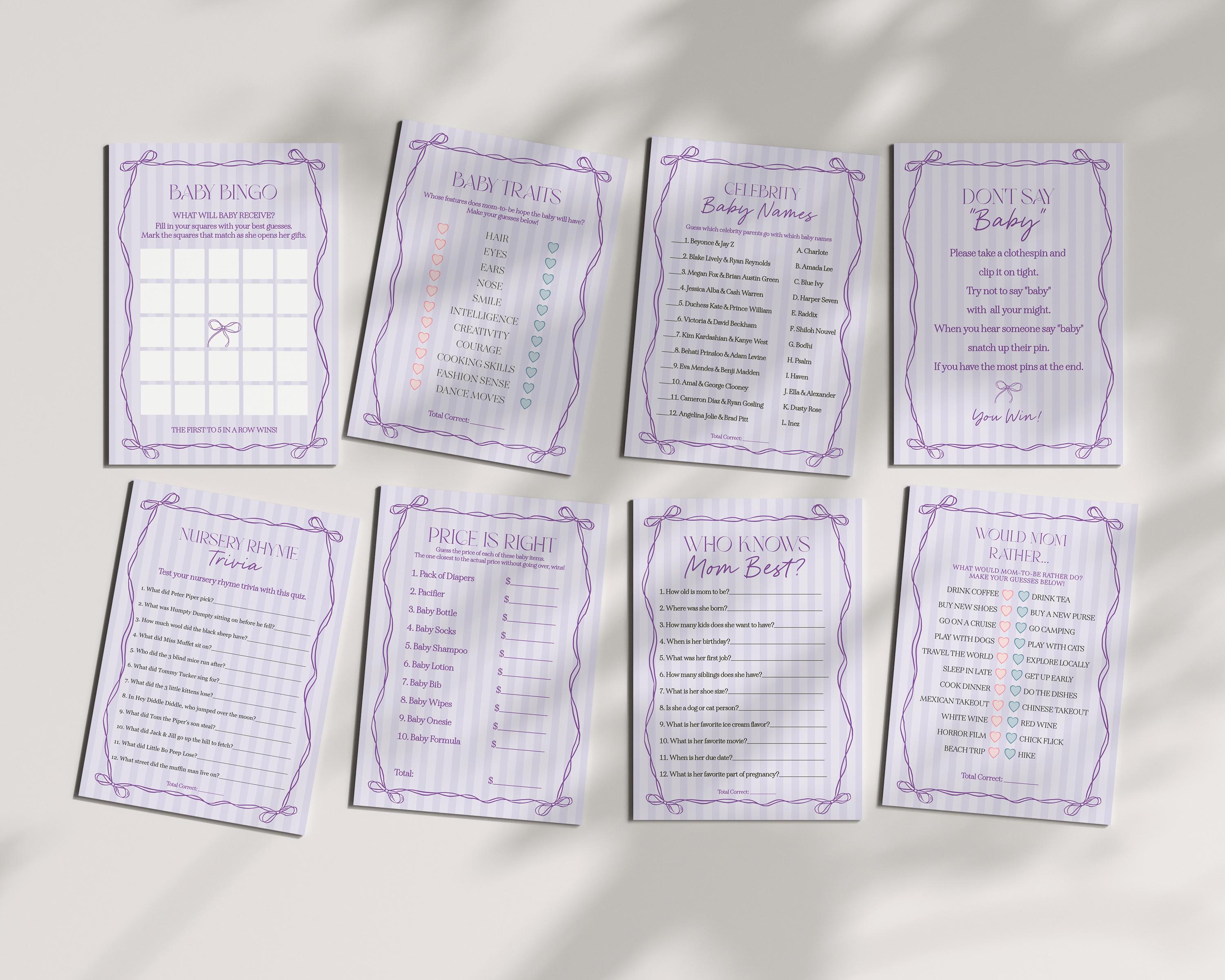 Purple Coquette Bow Baby Shower Games Template, Editable Lavender Baby Sprinkle, Printable Hand-Drawn Bows, Instant Download WP1063
