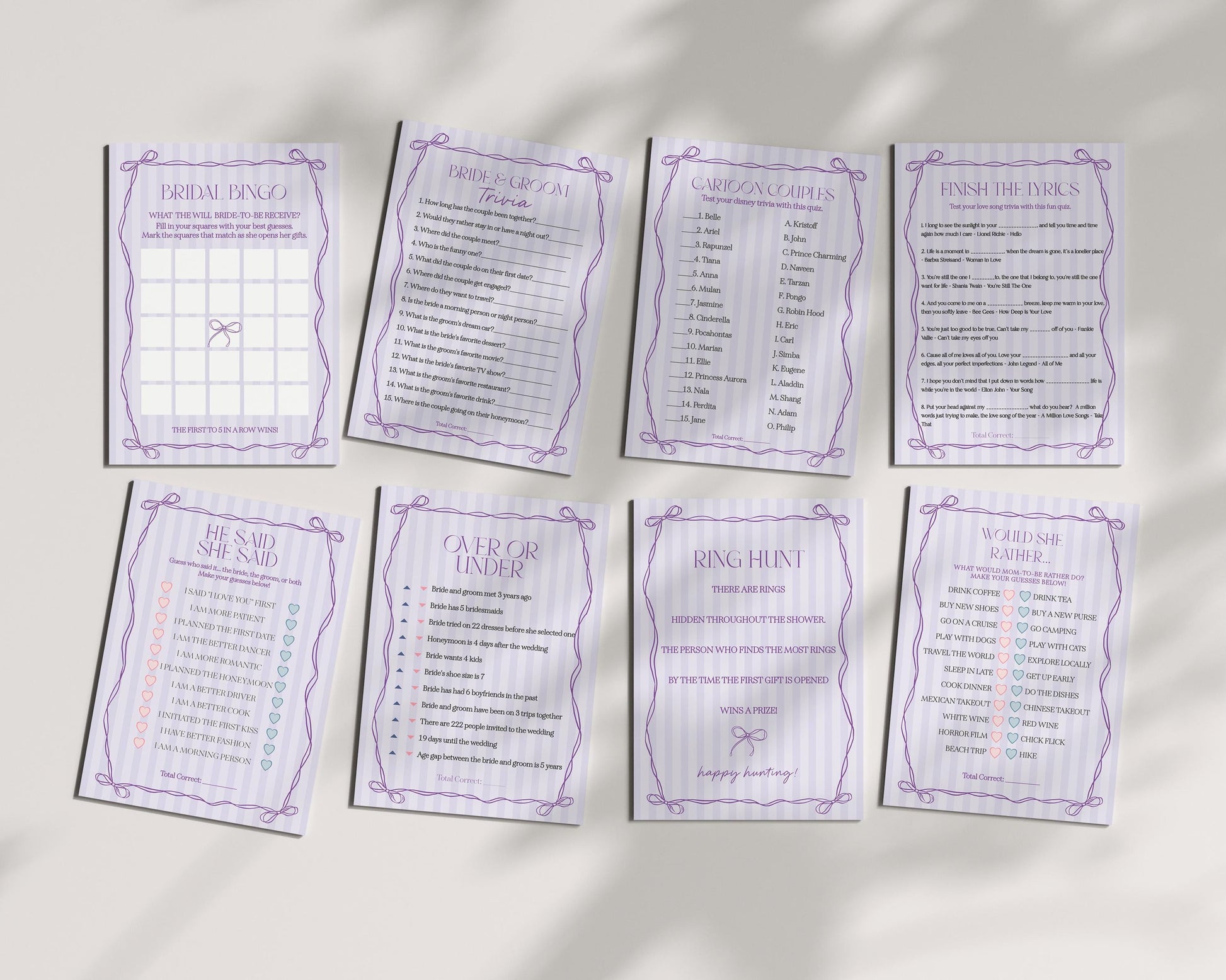 Purple Coquette Bow Bridal Shower Games Set Template, Editable Lavender Bridal Brunch Kit, DIY Printable Tying The Knot Shower WP1063