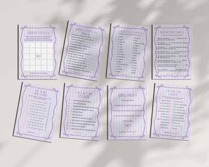 Purple Coquette Bow Bridal Shower Games Set Template, Editable Lavender Bridal Brunch Kit, DIY Printable Tying The Knot Shower WP1063