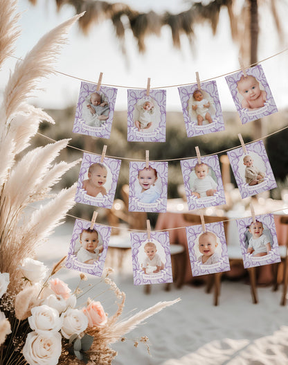 Purple Coquette Bow 1st Birthday Milestone Banner Template, Editable Lavender Birthday Kit Printable Hand-Drawn Bows Digital Download WP1063