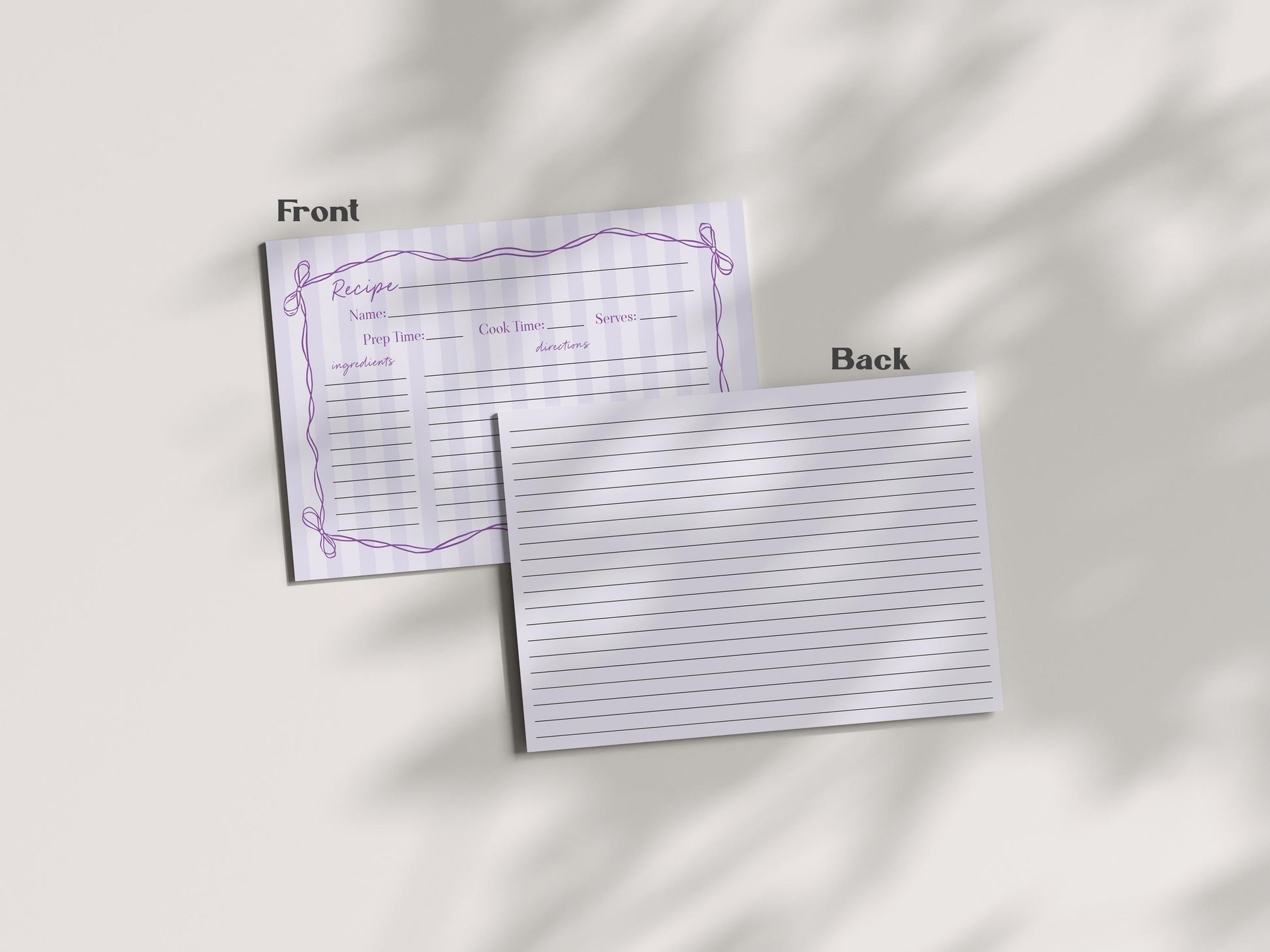 Purple Coquette Bow Recipe Card Template for Bridal Shower, Editable Lavender Bridal Brunch Kit, DIY Printable Tying The Knot Shower WP1063