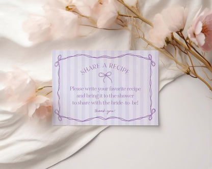 Purple Coquette Bow Recipe Card Template for Bridal Shower, Editable Lavender Bridal Brunch Kit, DIY Printable Tying The Knot Shower WP1063