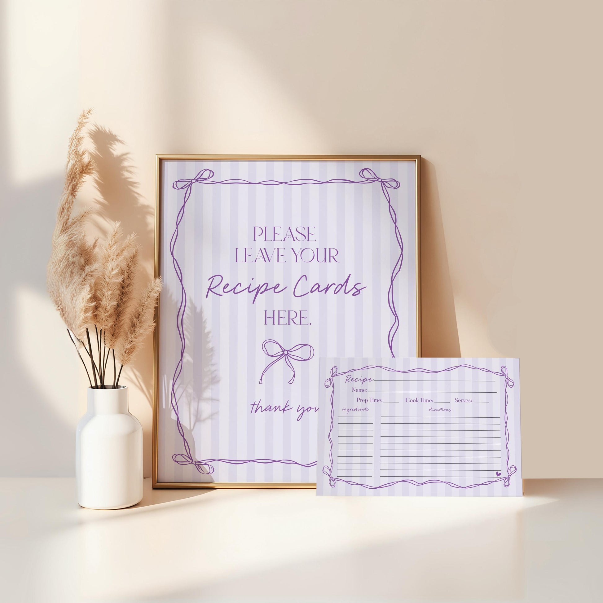 Purple Coquette Bow Recipe Card Template for Bridal Shower, Editable Lavender Bridal Brunch Kit, DIY Printable Tying The Knot Shower WP1063