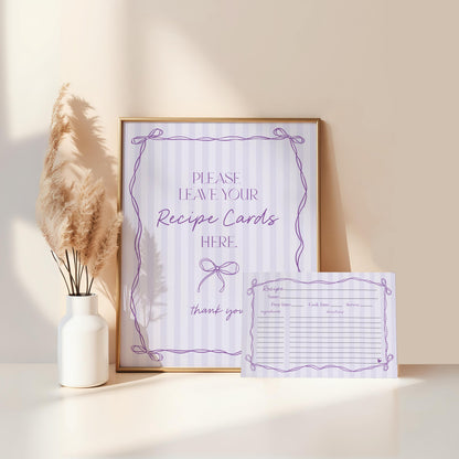 Purple Coquette Bow Recipe Card Template for Bridal Shower, Editable Lavender Bridal Brunch Kit, DIY Printable Tying The Knot Shower WP1063