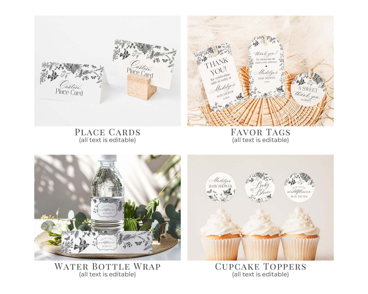 Black Toile De Jouy Baby Shower Printable Bundle, Baby in Bloom Wildflower Baby Brunch, Black Chinoiserie Nesting Party Decor WP1069