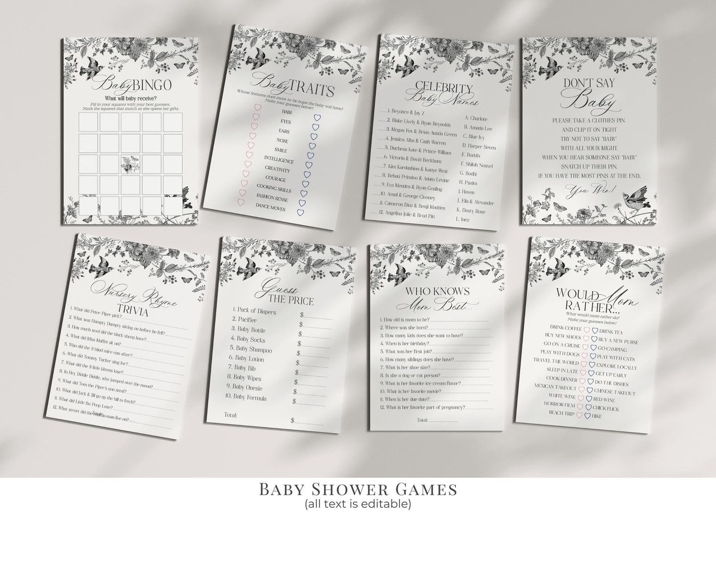 Black Toile De Jouy Baby Shower Printable Bundle, Baby in Bloom Wildflower Baby Brunch, Black Chinoiserie Nesting Party Decor WP1069