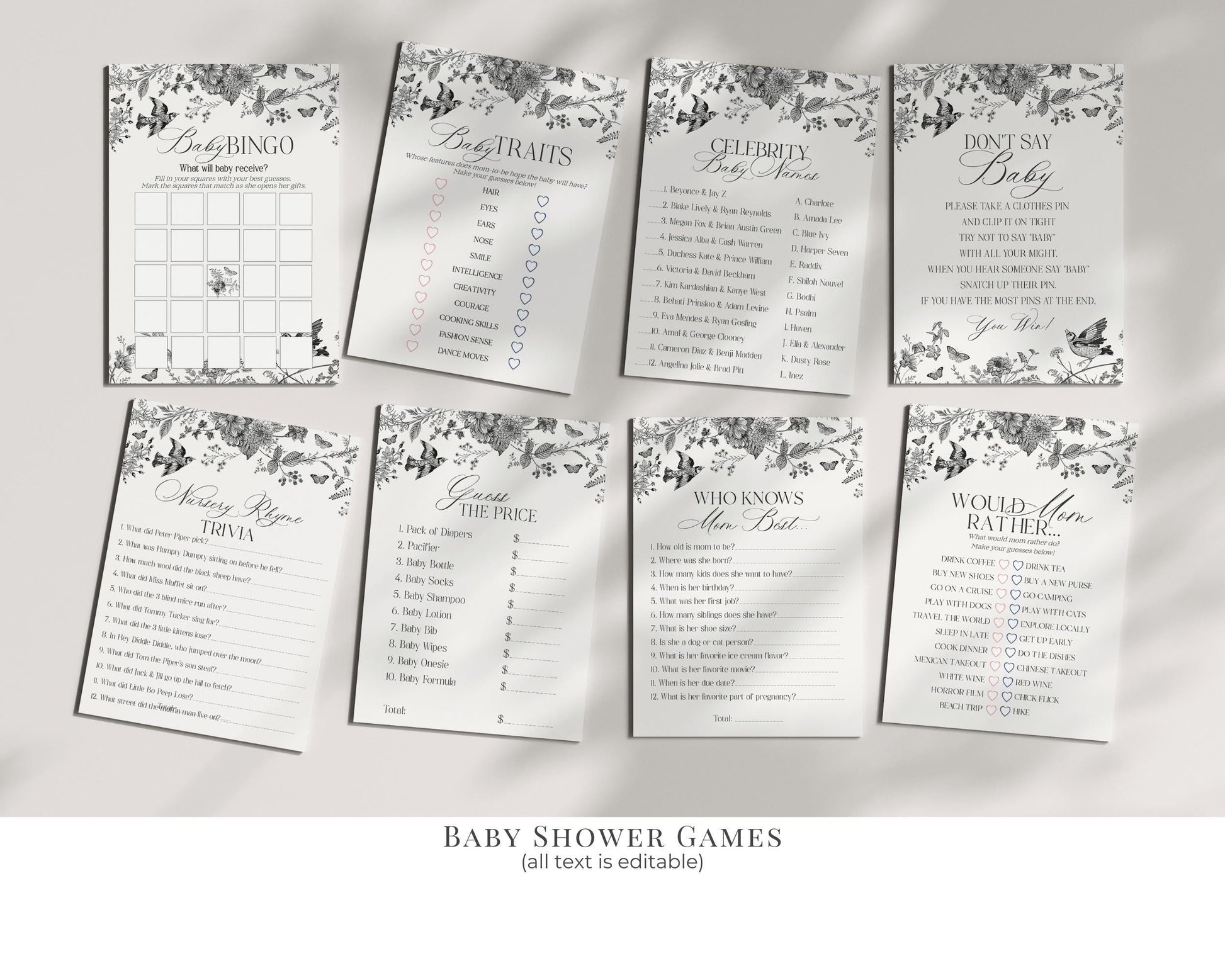Black Toile De Jouy Baby Shower Printable Bundle, Baby in Bloom Wildflower Baby Brunch, Black Chinoiserie Nesting Party Decor WP1069