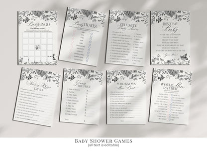 Black Toile De Jouy Baby Shower Printable Bundle, Baby in Bloom Wildflower Baby Brunch, Black Chinoiserie Nesting Party Decor WP1069