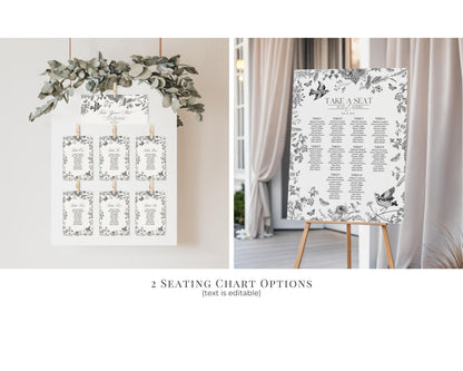 Black Toile De Jouy Baby Shower Printable Bundle, Baby in Bloom Wildflower Baby Brunch, Black Chinoiserie Nesting Party Decor WP1069