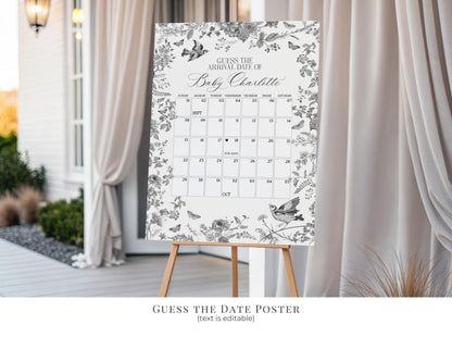 Black Toile De Jouy Baby Shower Printable Bundle, Baby in Bloom Wildflower Baby Brunch, Black Chinoiserie Nesting Party Decor WP1069