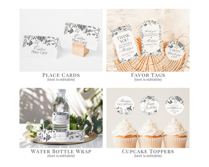 Black Toile De Jouy First Birthday Bundle Printable Template, Black Chinoiserie First Birthday Party Decor, Wildflower Toile Decor WP1069