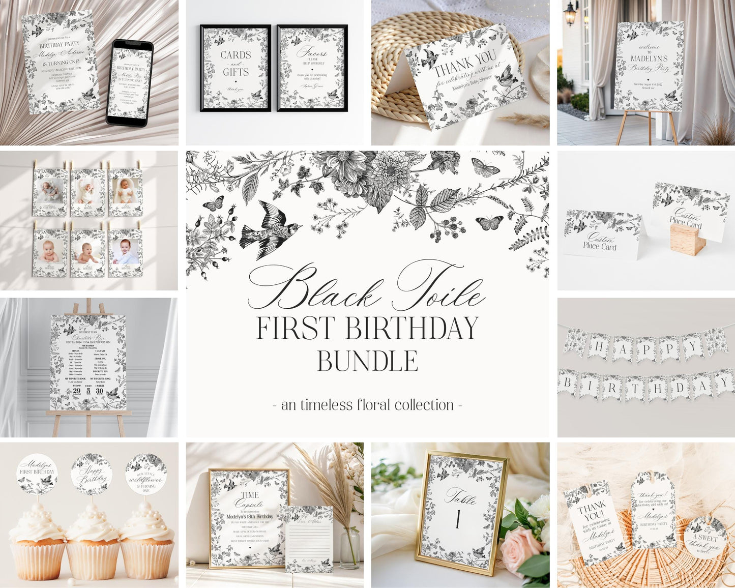 Black Toile De Jouy First Birthday Bundle Printable Template, Black Chinoiserie First Birthday Party Decor, Wildflower Toile Decor WP1069