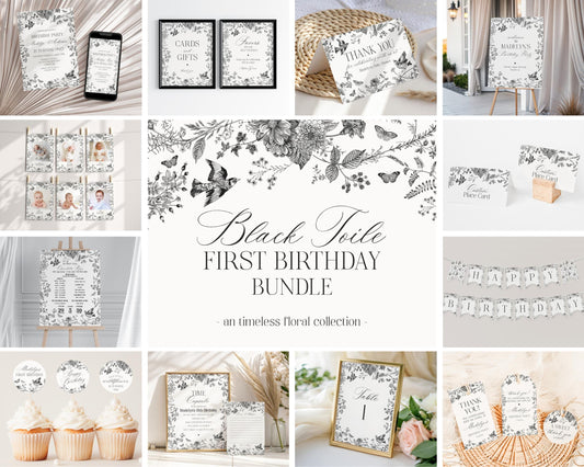 Black Toile De Jouy First Birthday Bundle Printable Template, Black Chinoiserie First Birthday Party Decor, Wildflower Toile Decor WP1069