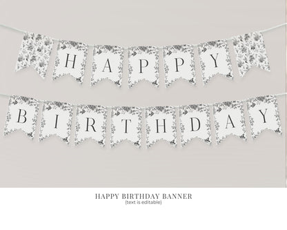 Black Toile De Jouy First Birthday Bundle Printable Template, Black Chinoiserie First Birthday Party Decor, Wildflower Toile Decor WP1069