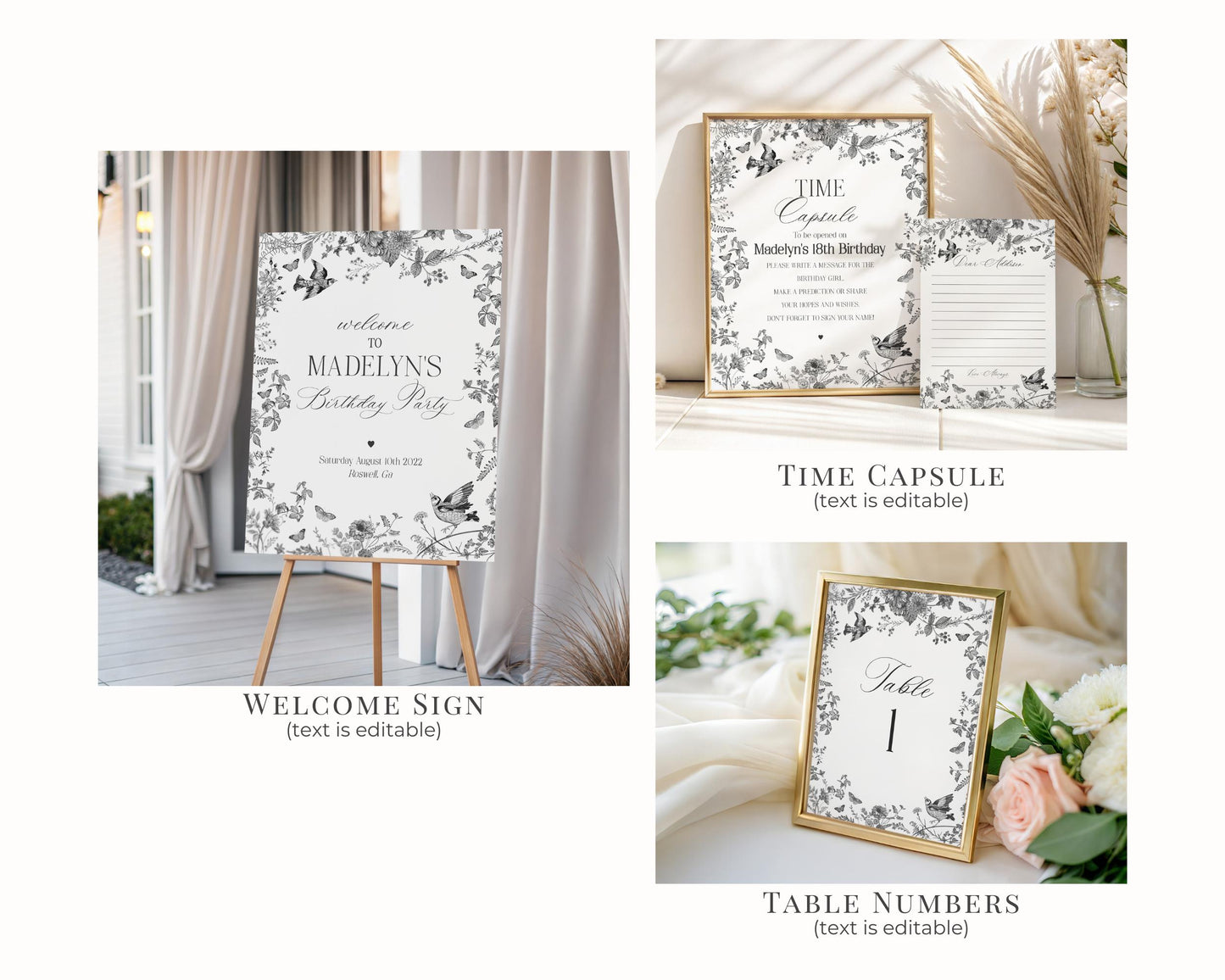 Black Toile De Jouy Birthday Bundle Printable Template, Black Chinoiserie Birthday Party Decor, Wildflower Toile with Butterflies WP1069