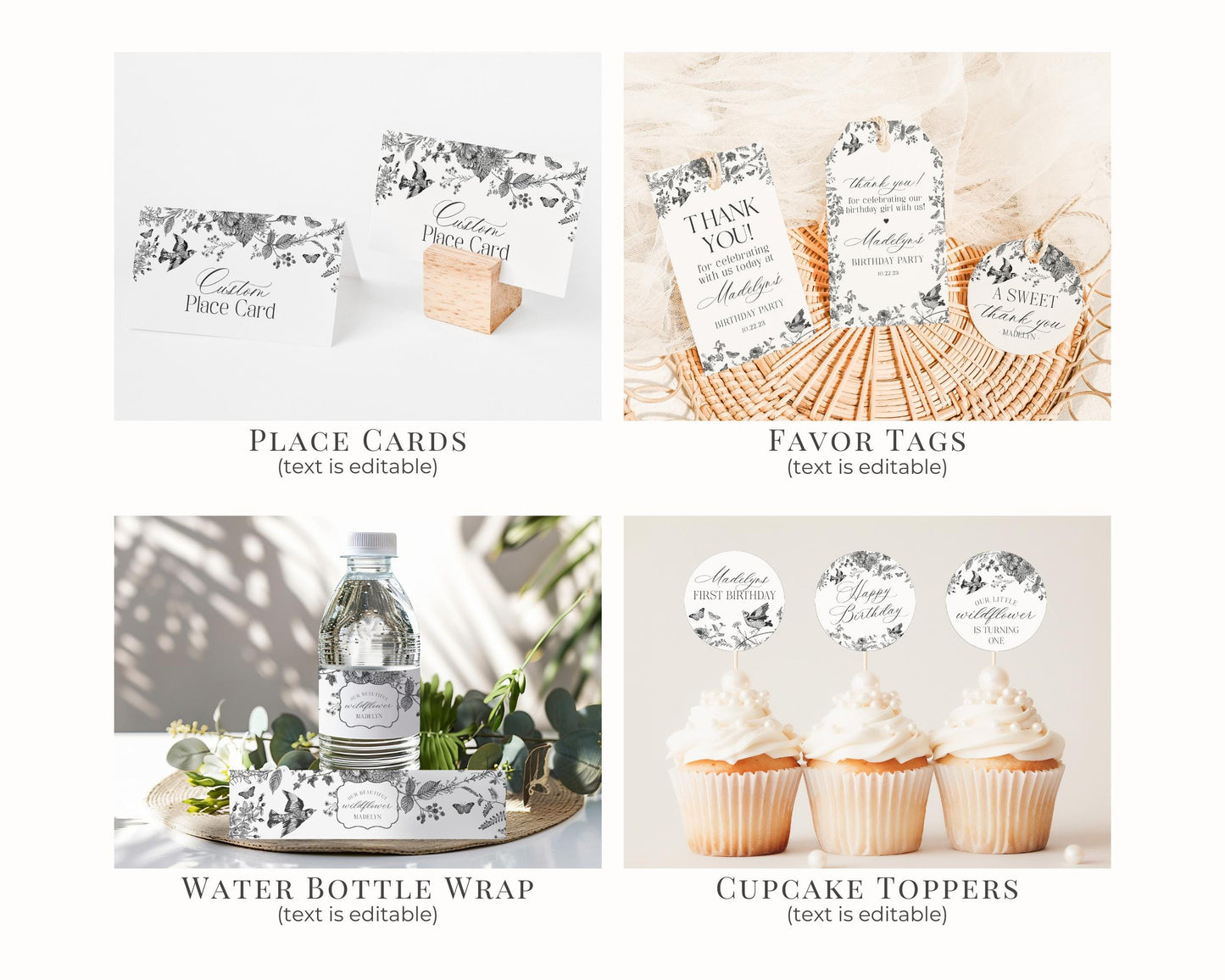 Black Toile De Jouy Birthday Bundle Printable Template, Black Chinoiserie Birthday Party Decor, Wildflower Toile with Butterflies WP1069