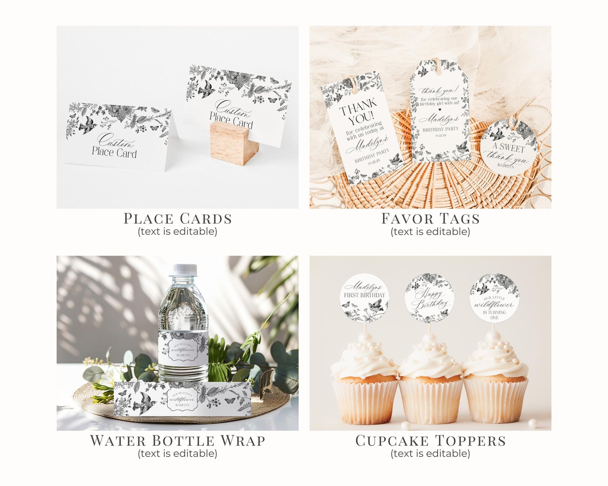 Black Toile De Jouy Birthday Bundle Printable Template, Black Chinoiserie Birthday Party Decor, Wildflower Toile with Butterflies WP1069