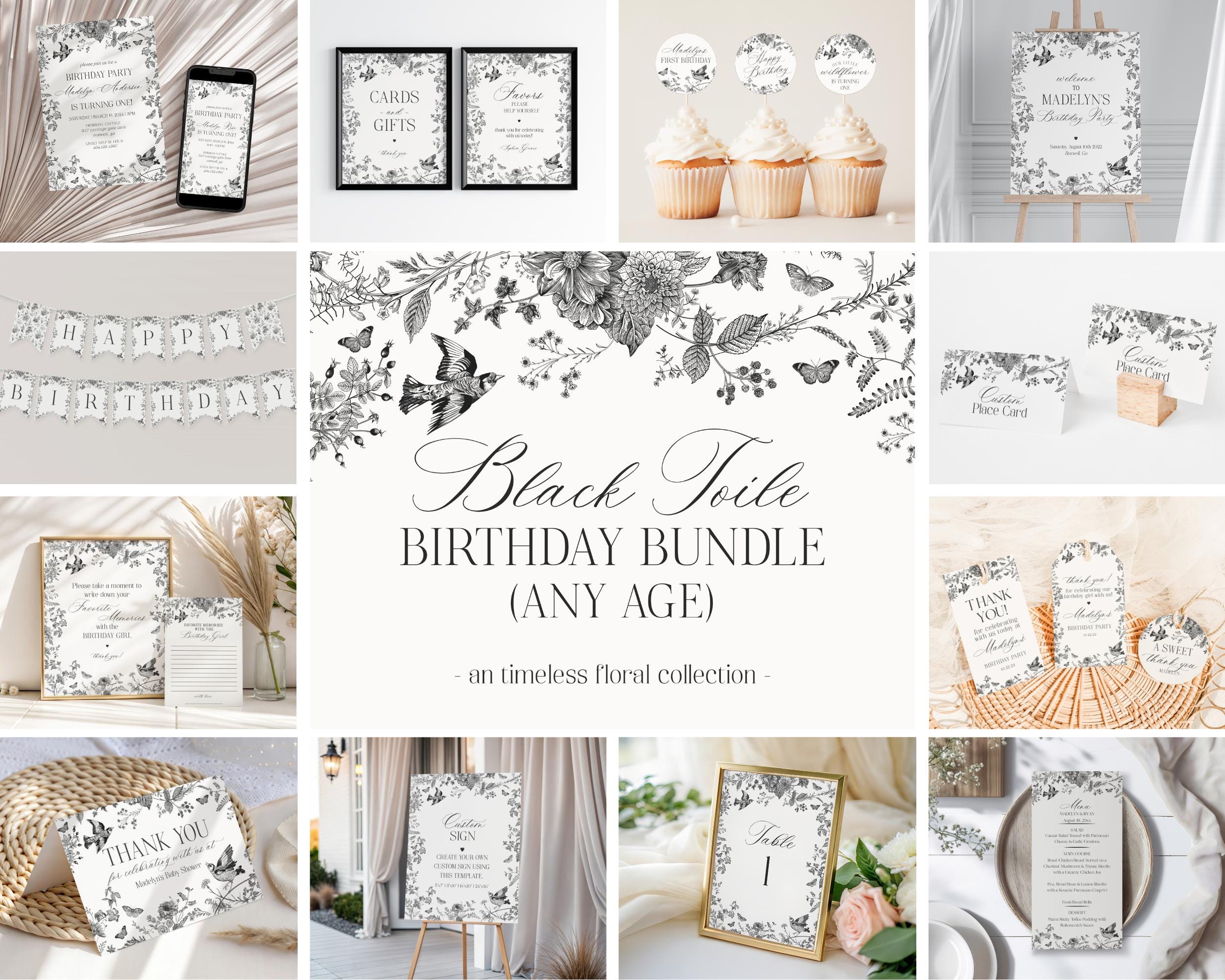 Black Toile De Jouy Birthday Bundle Printable Template, Black Chinoiserie Birthday Party Decor, Wildflower Toile with Butterflies WP1069
