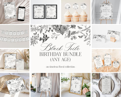Black Toile De Jouy Birthday Bundle Printable Template, Black Chinoiserie Birthday Party Decor, Wildflower Toile with Butterflies WP1069