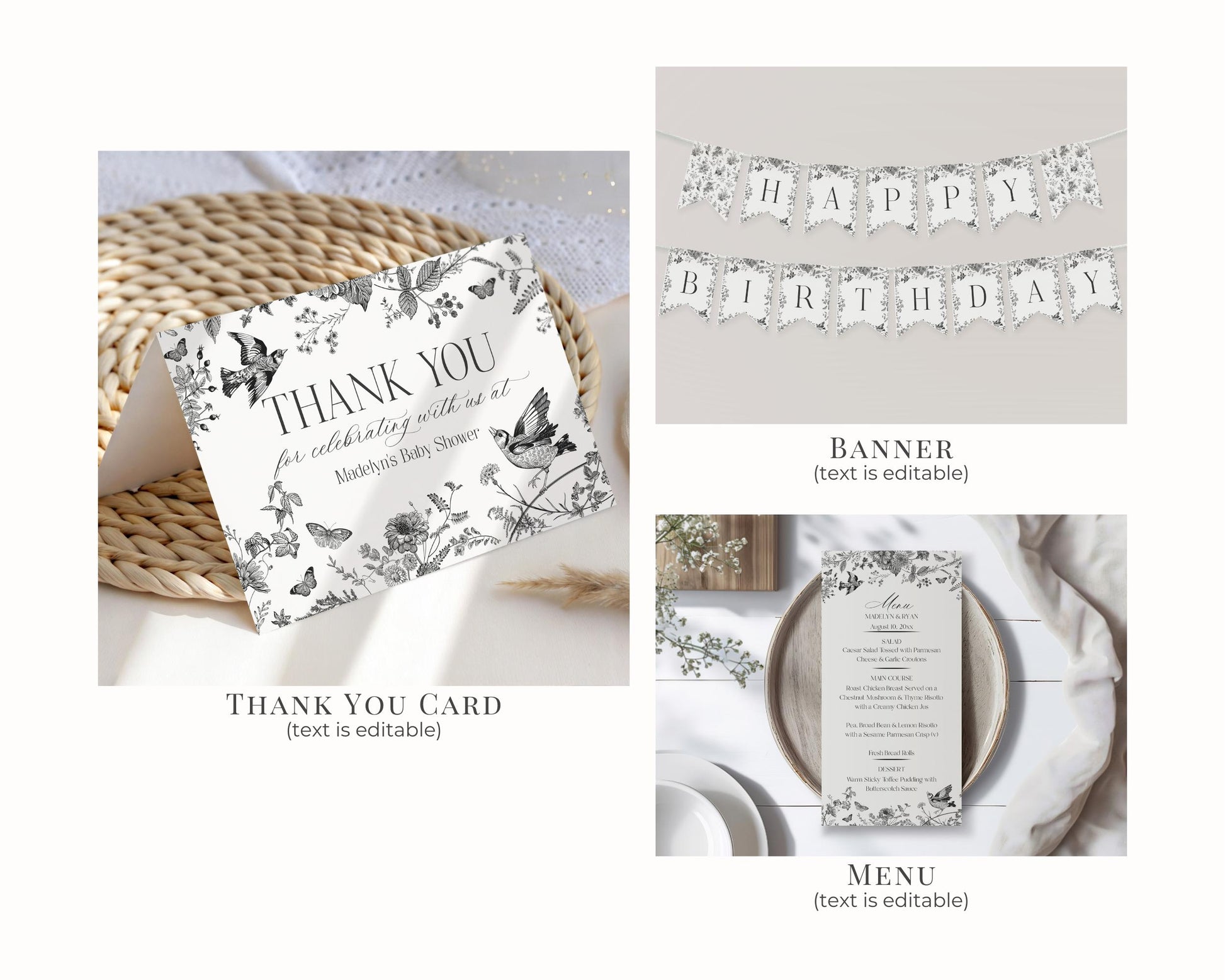 Black Toile De Jouy Birthday Bundle Printable Template, Black Chinoiserie Birthday Party Decor, Wildflower Toile with Butterflies WP1069