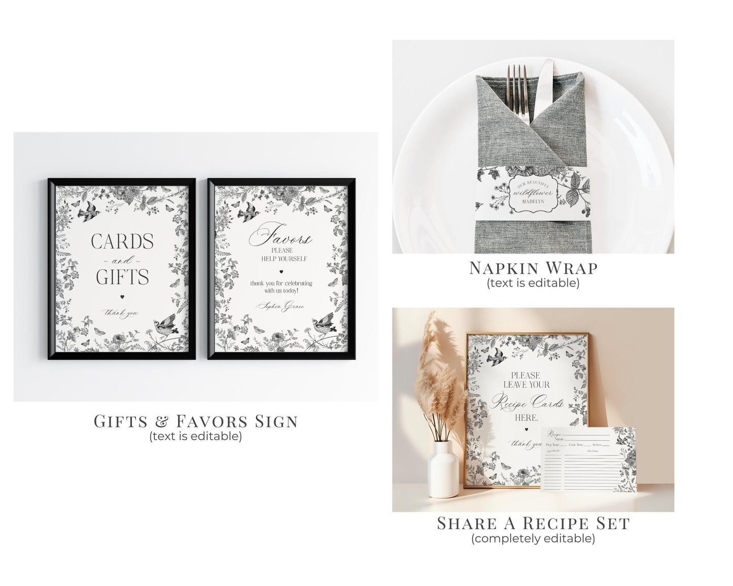 Black Toile De Jouy Bridal Shower Printable Bundle, Black Chinoiserie French Theme Wedding Party, Black Wildflower Bridal Brunch WP1069