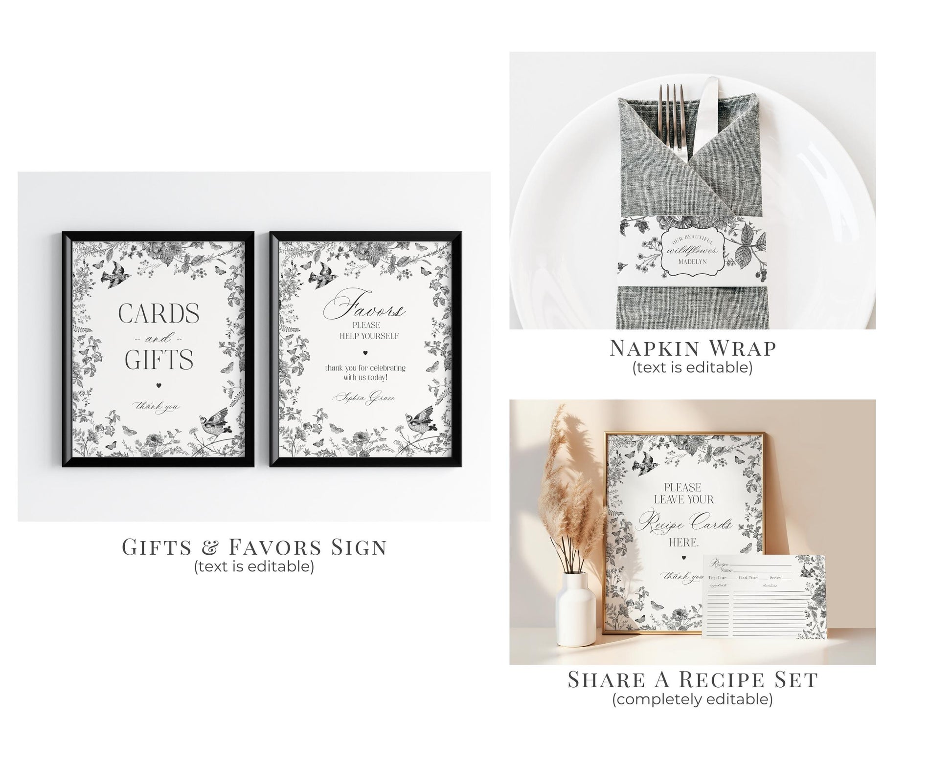 Black Toile De Jouy Bridal Shower Printable Bundle, Black Chinoiserie French Theme Wedding Party, Black Wildflower Bridal Brunch WP1069