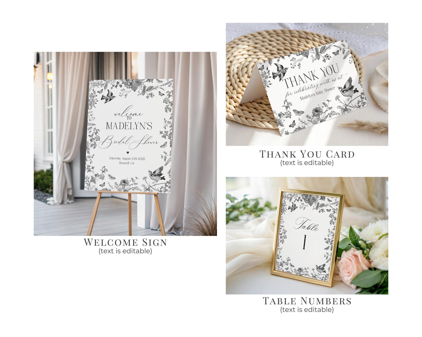 Black Toile De Jouy Bridal Shower Printable Bundle, Black Chinoiserie French Theme Wedding Party, Black Wildflower Bridal Brunch WP1069