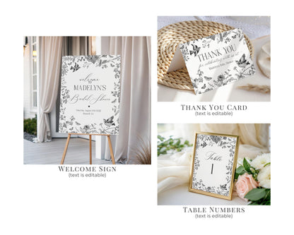 Black Toile De Jouy Bridal Shower Printable Bundle, Black Chinoiserie French Theme Wedding Party, Black Wildflower Bridal Brunch WP1069