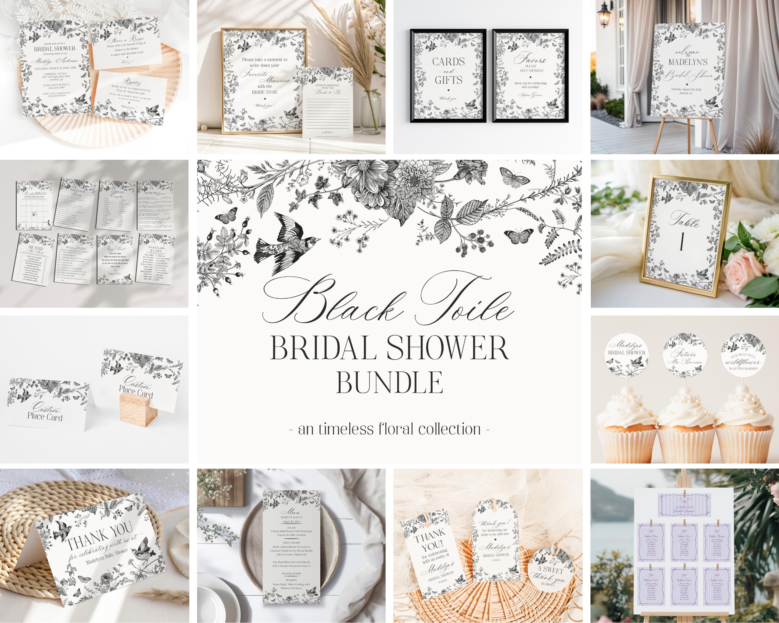 Black Toile De Jouy Bridal Shower Printable Bundle, Black Chinoiserie French Theme Wedding Party, Black Wildflower Bridal Brunch WP1069