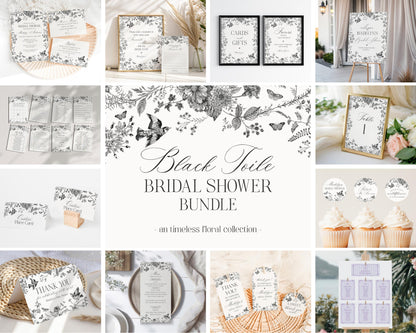 Black Toile De Jouy Bridal Shower Printable Bundle, Black Chinoiserie French Theme Wedding Party, Black Wildflower Bridal Brunch WP1069
