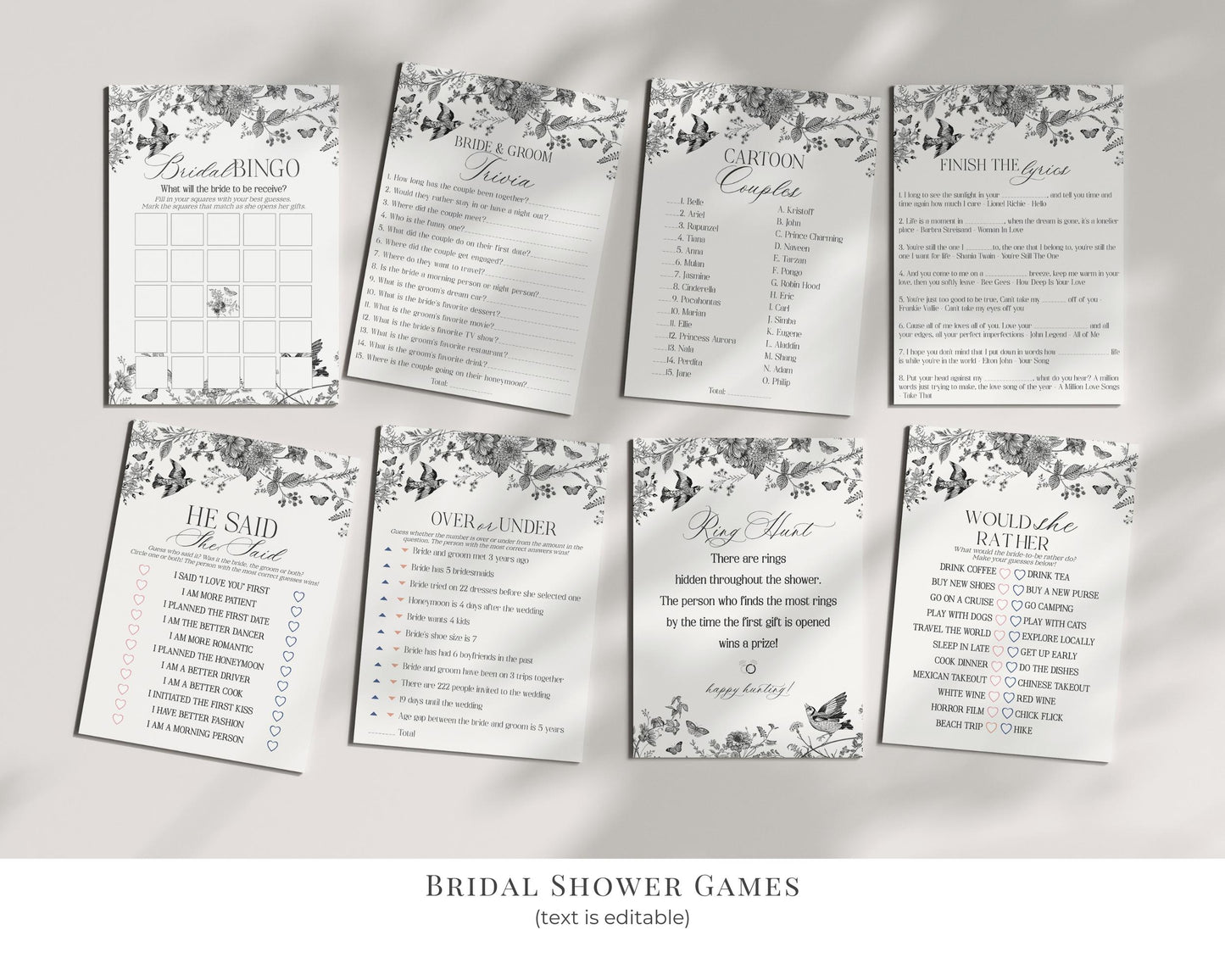 Black Toile De Jouy Bridal Shower Printable Bundle, Black Chinoiserie French Theme Wedding Party, Black Wildflower Bridal Brunch WP1069