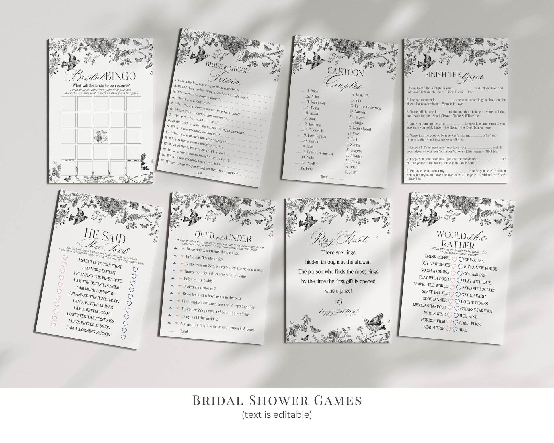 Black Toile De Jouy Bridal Shower Printable Bundle, Black Chinoiserie French Theme Wedding Party, Black Wildflower Bridal Brunch WP1069