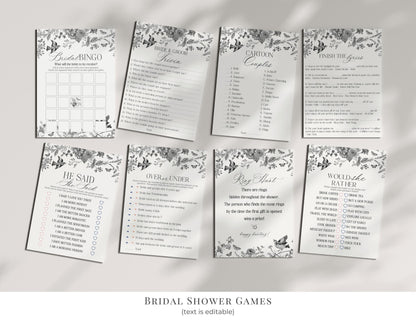 Black Toile De Jouy Bridal Shower Printable Bundle, Black Chinoiserie French Theme Wedding Party, Black Wildflower Bridal Brunch WP1069