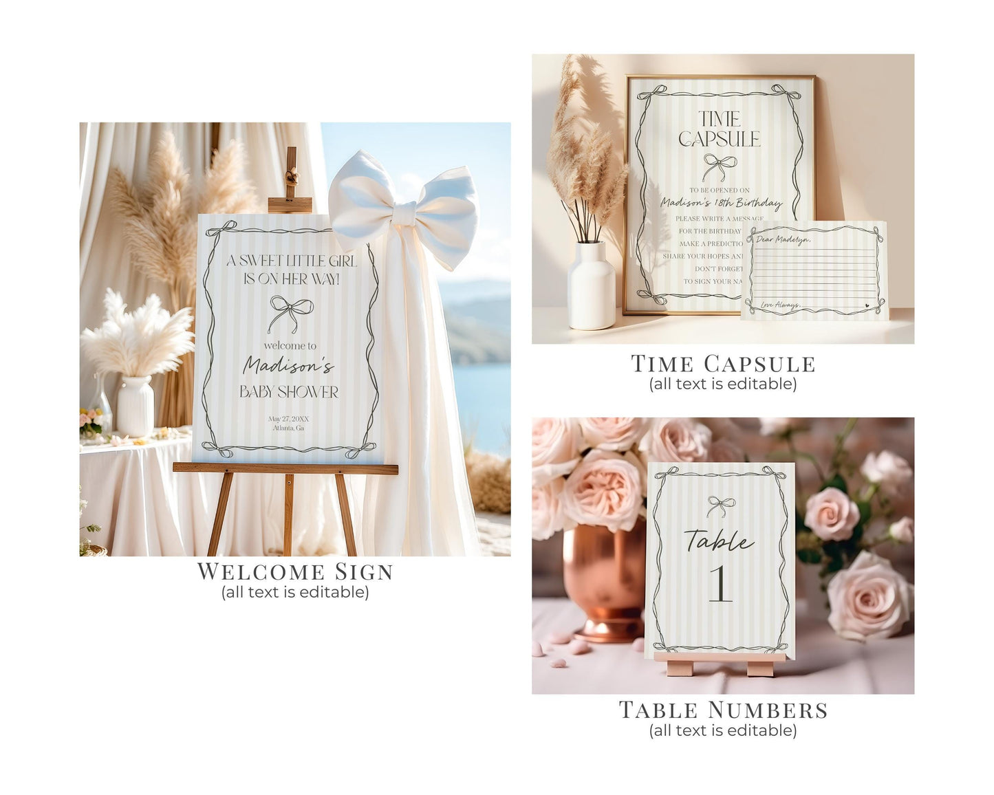 Black Coquette Bow Baby Shower Bundle Template, Beige Striped Doodle Bow Baby Sprinkle for Girl, Bow Party Decor for Nesting Party WP1062