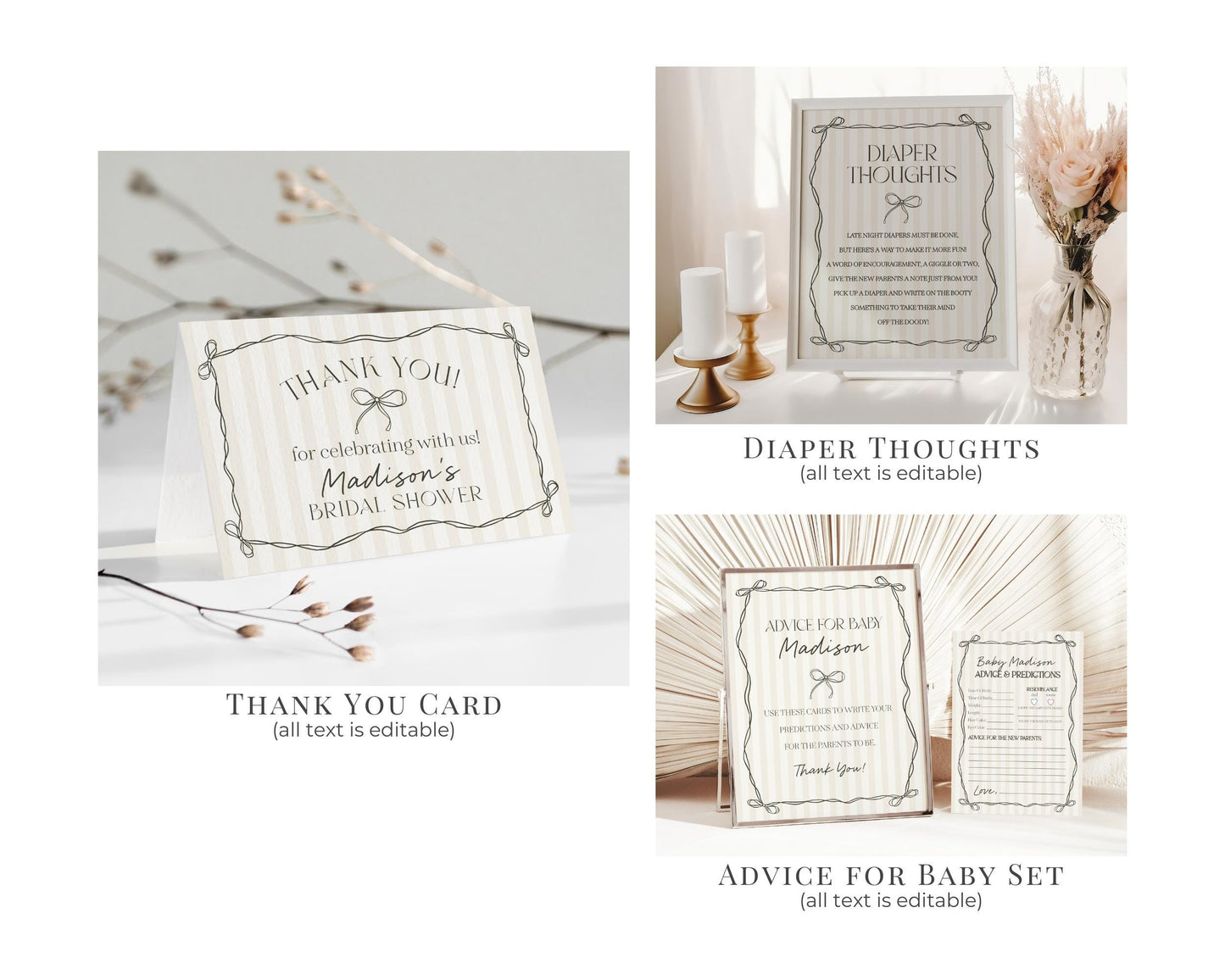 Black Coquette Bow Baby Shower Bundle Template, Beige Striped Doodle Bow Baby Sprinkle for Girl, Bow Party Decor for Nesting Party WP1062