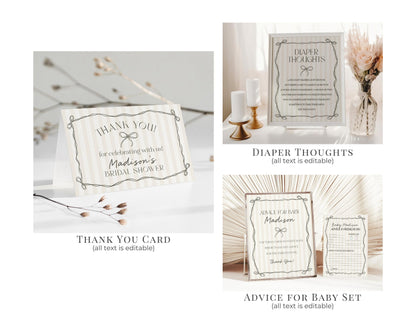 Black Coquette Bow Baby Shower Bundle Template, Beige Striped Doodle Bow Baby Sprinkle for Girl, Bow Party Decor for Nesting Party WP1062