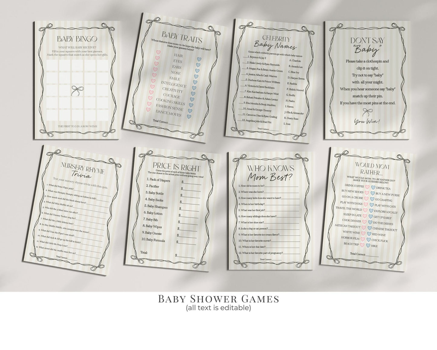 Black Coquette Bow Baby Shower Bundle Template, Beige Striped Doodle Bow Baby Sprinkle for Girl, Bow Party Decor for Nesting Party WP1062