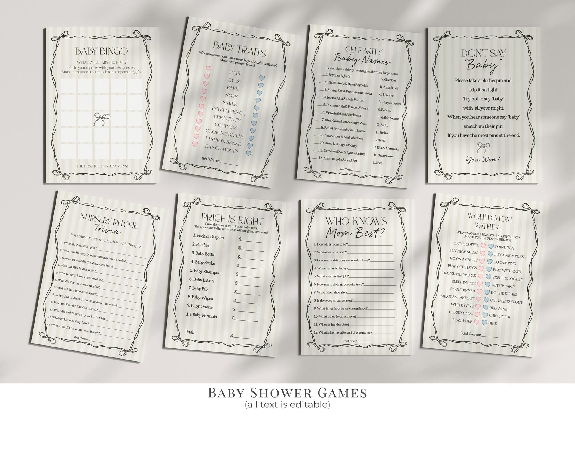 Black Coquette Bow Baby Shower Bundle Template, Beige Striped Doodle Bow Baby Sprinkle for Girl, Bow Party Decor for Nesting Party WP1062