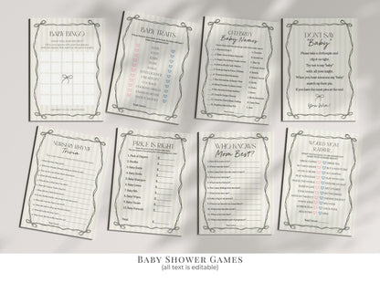 Black Coquette Bow Baby Shower Bundle Template, Beige Striped Doodle Bow Baby Sprinkle for Girl, Bow Party Decor for Nesting Party WP1062