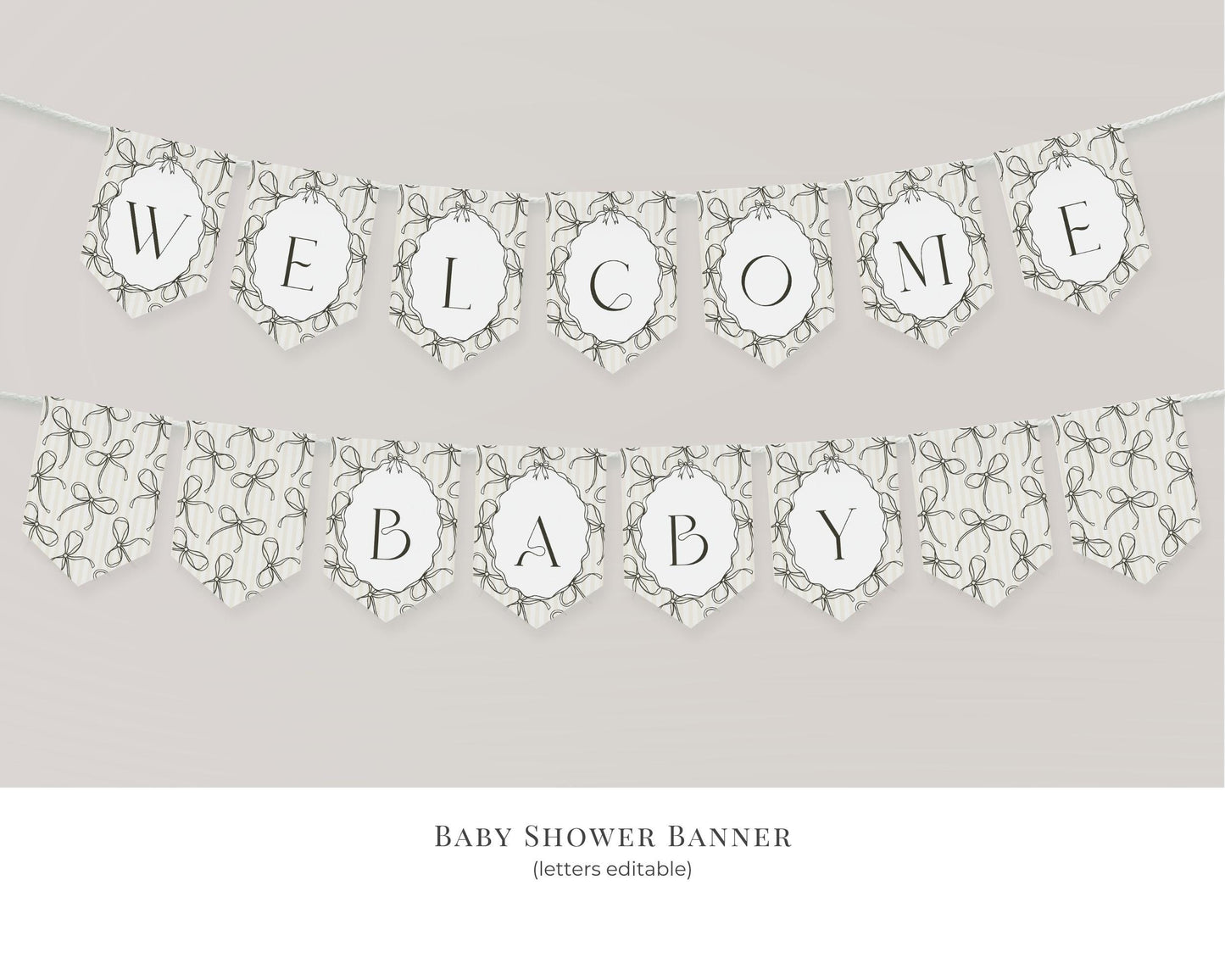 Black Coquette Bow Baby Shower Bundle Template, Beige Striped Doodle Bow Baby Sprinkle for Girl, Bow Party Decor for Nesting Party WP1062