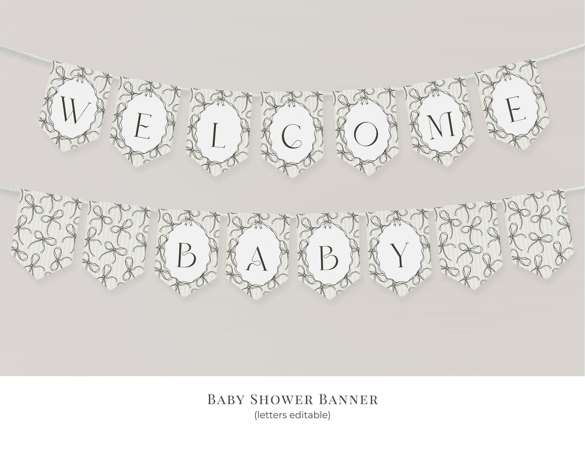 Black Coquette Bow Baby Shower Bundle Template, Beige Striped Doodle Bow Baby Sprinkle for Girl, Bow Party Decor for Nesting Party WP1062