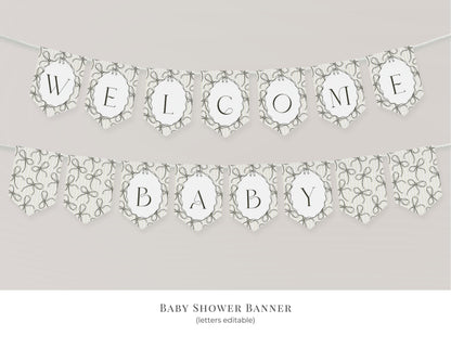 Black Coquette Bow Baby Shower Bundle Template, Beige Striped Doodle Bow Baby Sprinkle for Girl, Bow Party Decor for Nesting Party WP1062