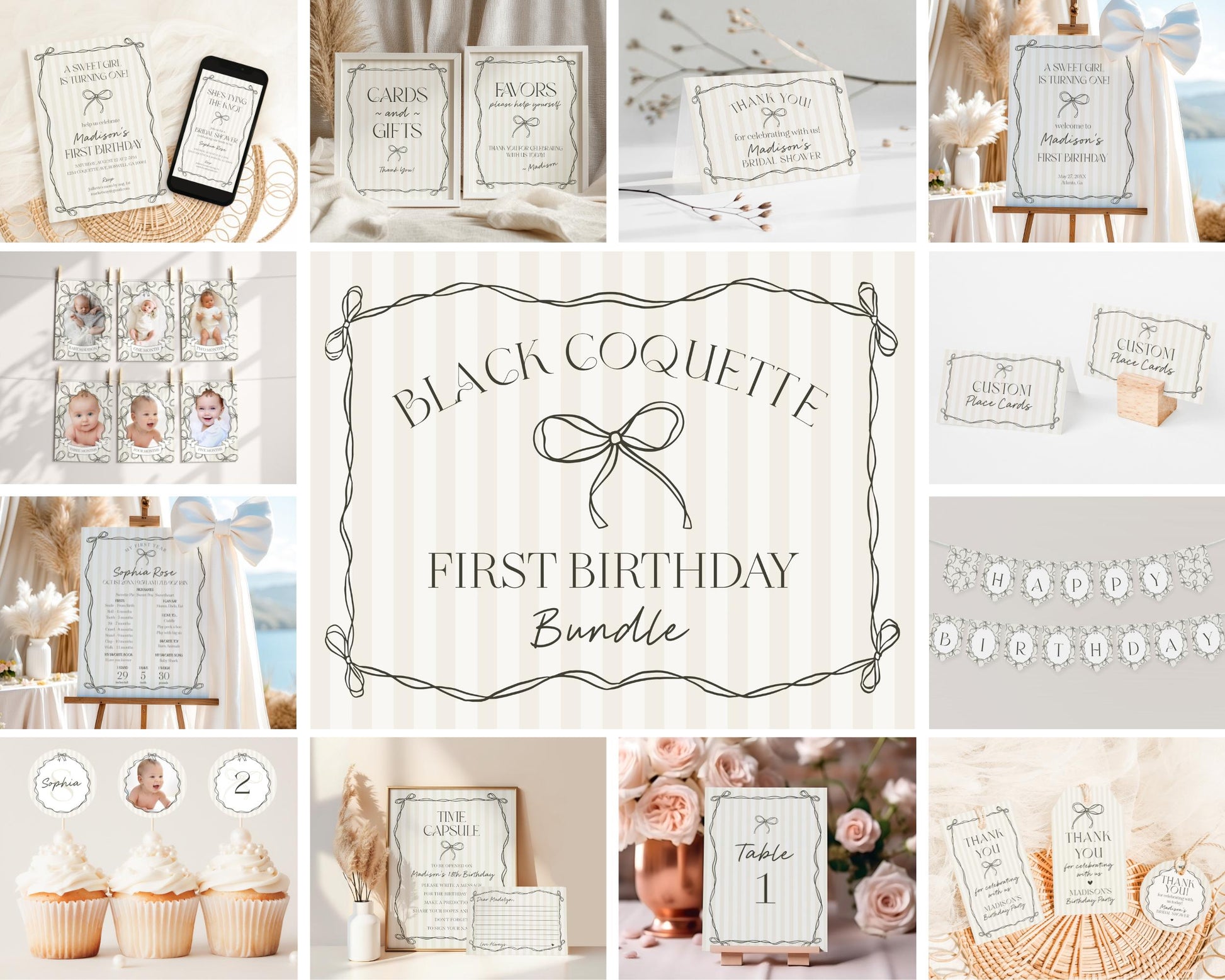 Black Coquette Bow First Birthday Bundle Template, Beige Striped Doodle Bow Birthday Party for Girl Bow Party Decor for Nesting Party WP1062