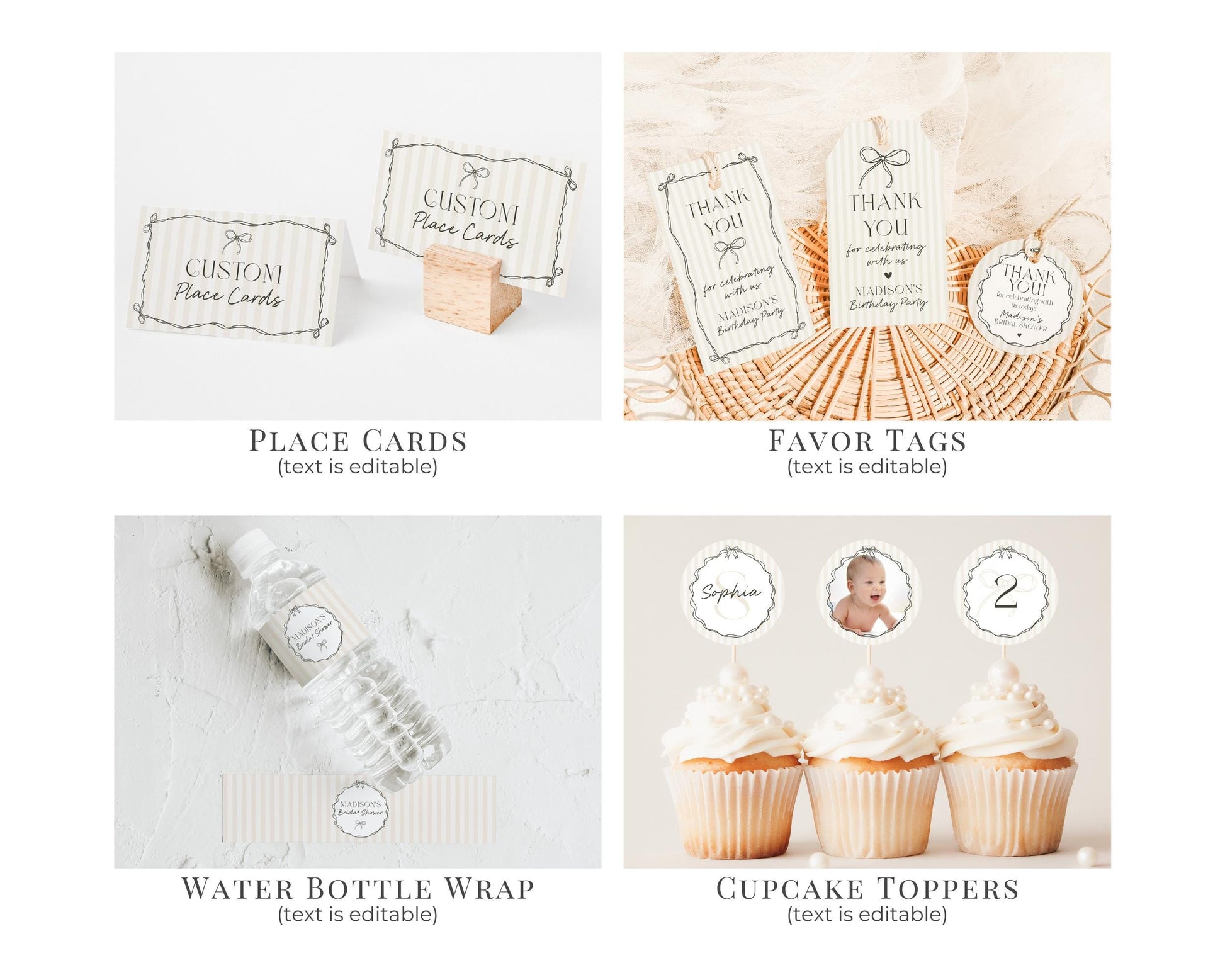 Black Coquette Bow First Birthday Bundle Template, Beige Striped Doodle Bow Birthday Party for Girl Bow Party Decor for Nesting Party WP1062