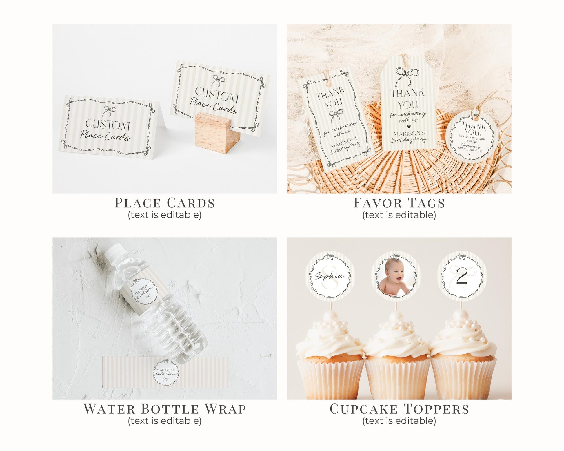 Black Coquette Bow Birthday Bundle Template, Beige Striped Doodle Bow Birthday Party for Girl, Bow Party Decor for Fancy Bday Party WP1062