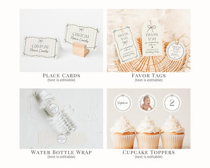 Black Coquette Bow Birthday Bundle Template, Beige Striped Doodle Bow Birthday Party for Girl, Bow Party Decor for Fancy Bday Party WP1062