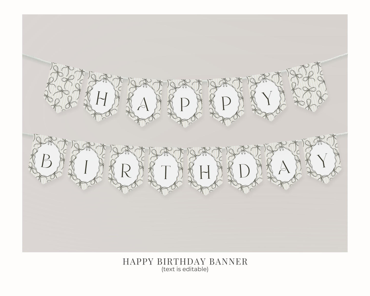 Black Coquette Bow Birthday Bundle Template, Beige Striped Doodle Bow Birthday Party for Girl, Bow Party Decor for Fancy Bday Party WP1062