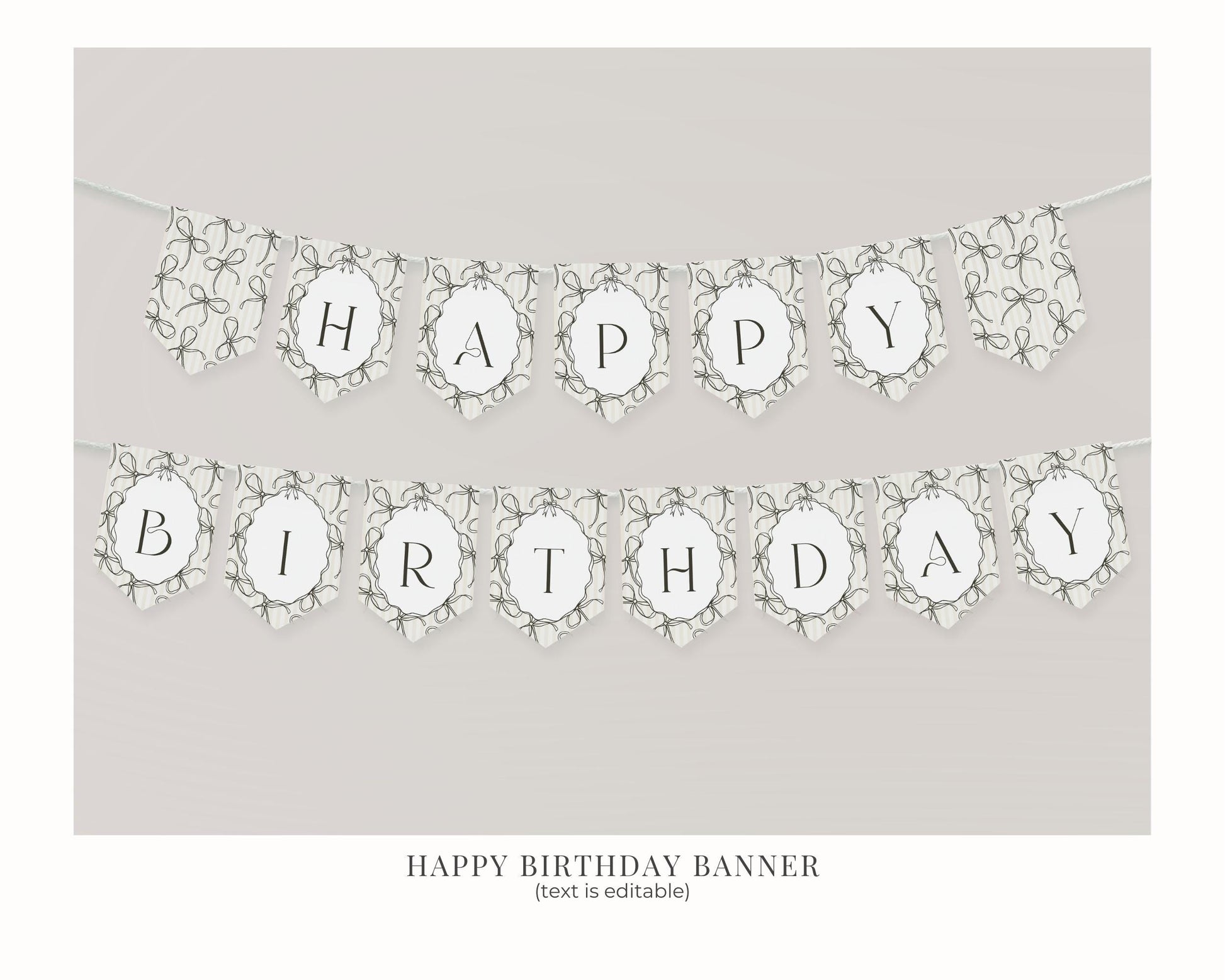 Black Coquette Bow Birthday Bundle Template, Beige Striped Doodle Bow Birthday Party for Girl, Bow Party Decor for Fancy Bday Party WP1062